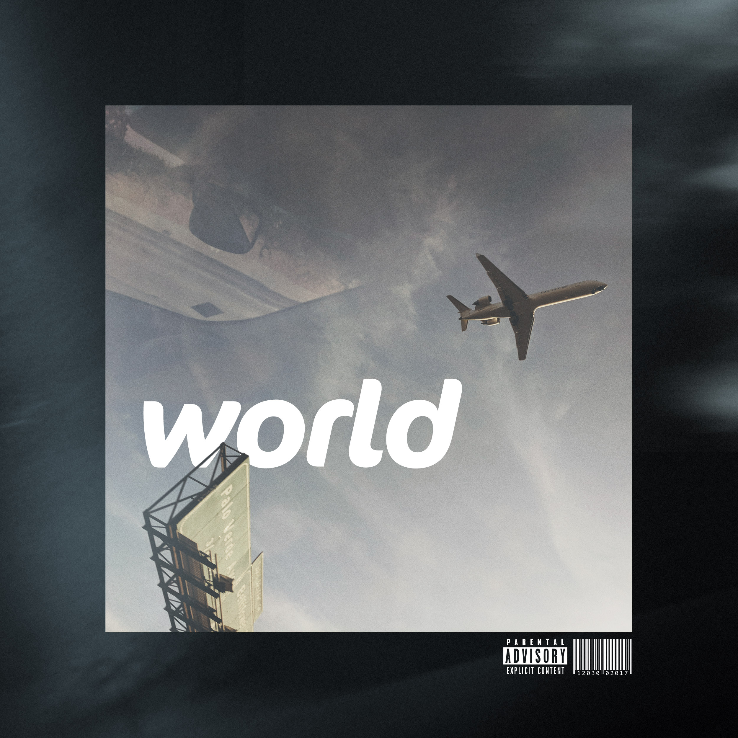 A plane, highway sign, and window reflection in the style of an album cover. Text reads: 'world'.