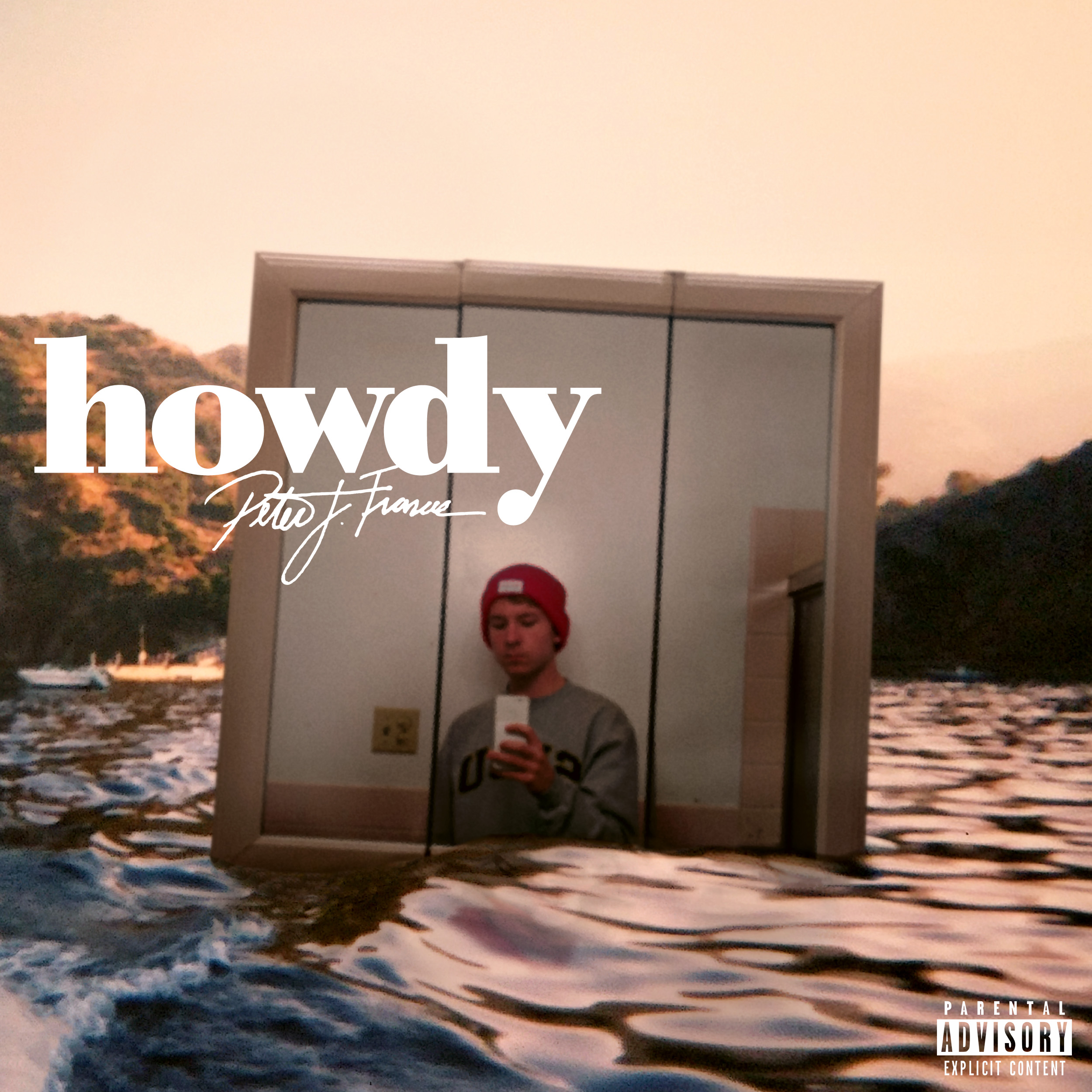 Man taking a selfie in a mirror, which is floating in a lake in the style of an album cover. Text reads: 'howdy'.