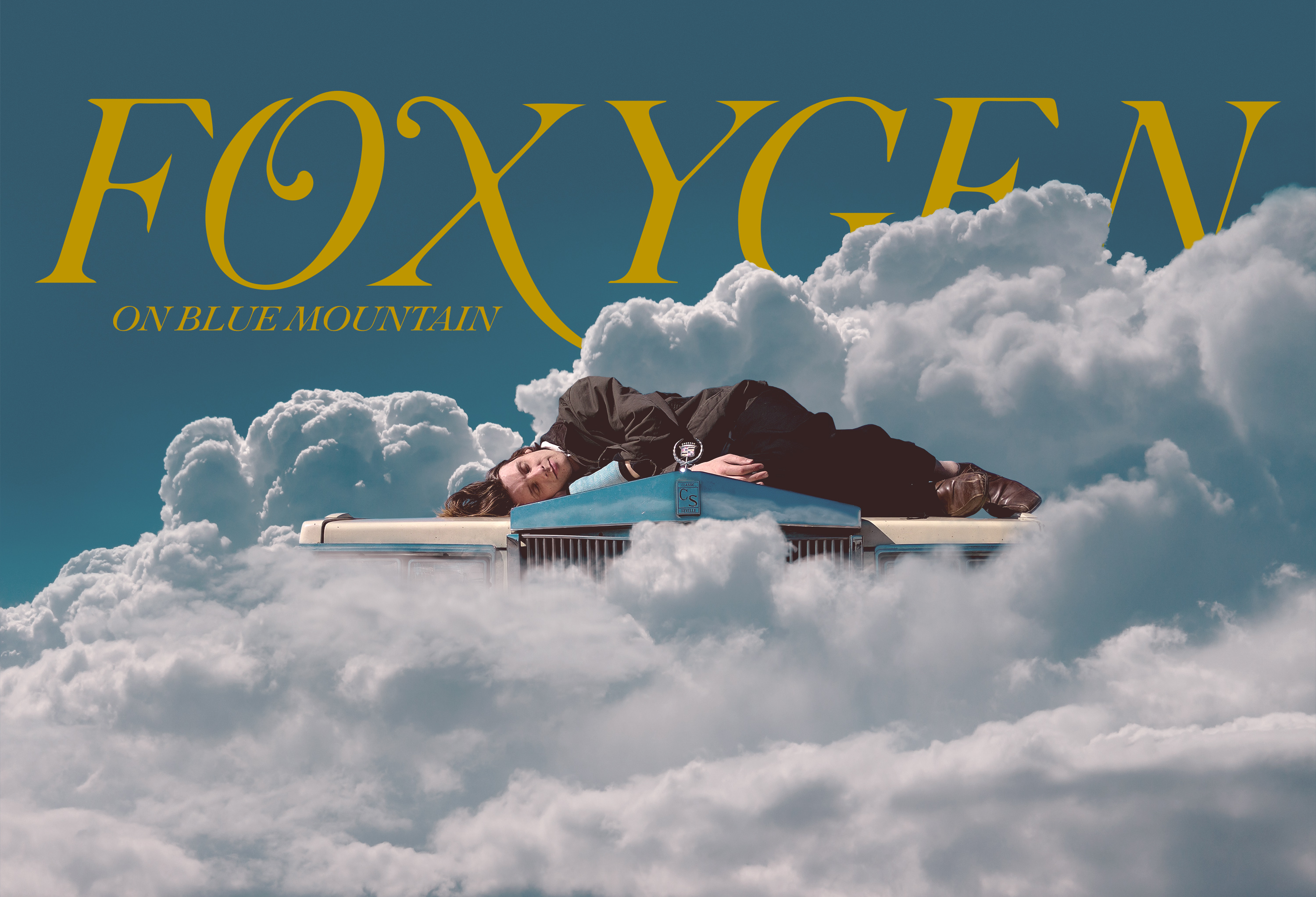Man sleeping on a car hood which is floating in the clouds. Text reads: 'Foxygen, On Blue Mountain'.