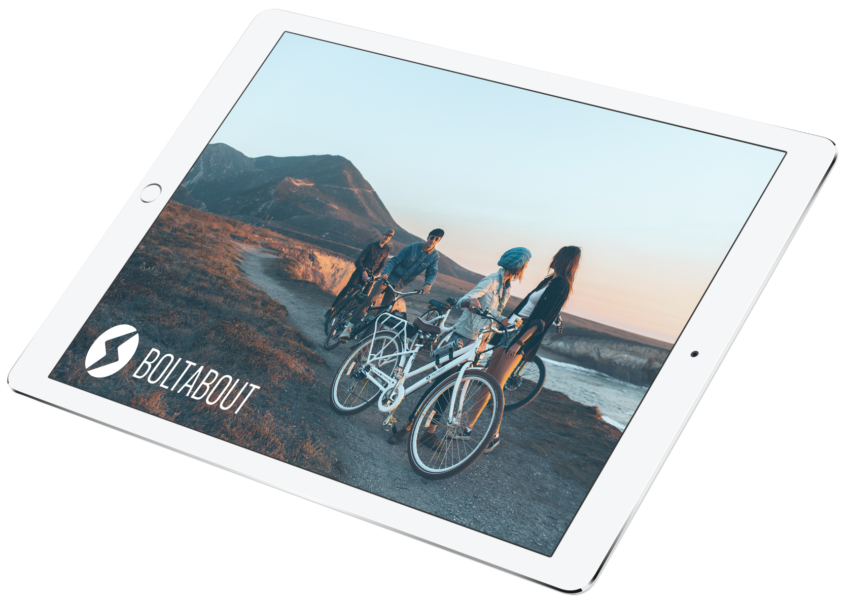 iPad displaying people on BoltAbout bikes, with the BoltAbout logo in the corner.